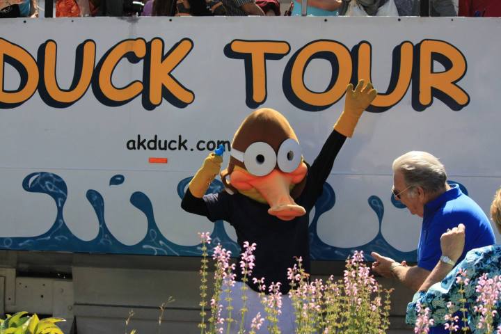 mascot and duck boat